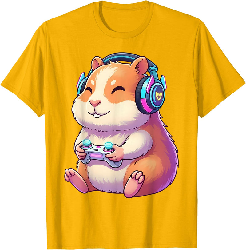 Funny Cute Hamster Gamer Adorable Video Game Animal Design T-Shirt - Golden Yellow