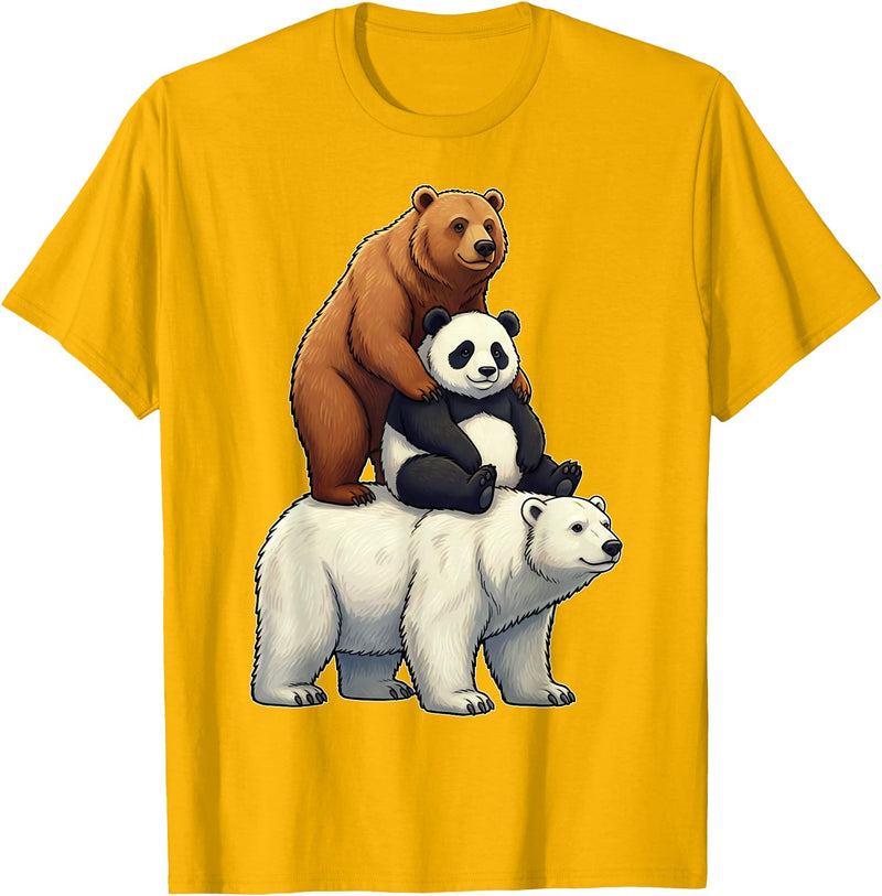 Cute Bear Panda Polar Bear Stack Funny Wildlife Funny Bears Stacked Panda Grizzly Polar Bear Trio Meme Art T-Shirt - Golden Yellow