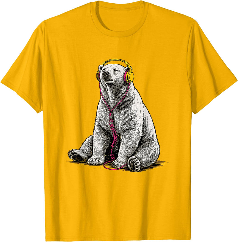 Arctic Wildlife Music Lover Designs Polar Bear Headphones Music Lover Funny Arctic DJ T-Shirt - Golden Yellow