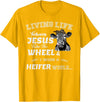 apparelaxArt Living Life Somewhere Between Jesus Take The Wheel Cow T-Shirt - Golden Yellow