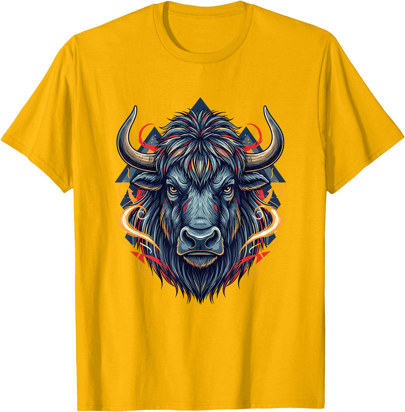 Wild Buffalo Bison Tribal Western Spirit Fierce Wild Bison Head Tribal Geometric Buffalo T-Shirt - Golden Yellow