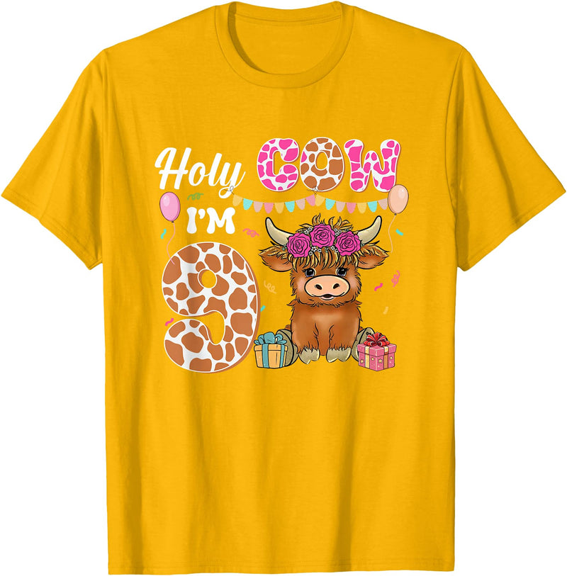 Holy Cow I'm 9 Highland Cow 9th Birthday Holy Cow I'm 9 Highland Cow Farming 9th Birthday 9 Years Old T-Shirt - Golden Yellow