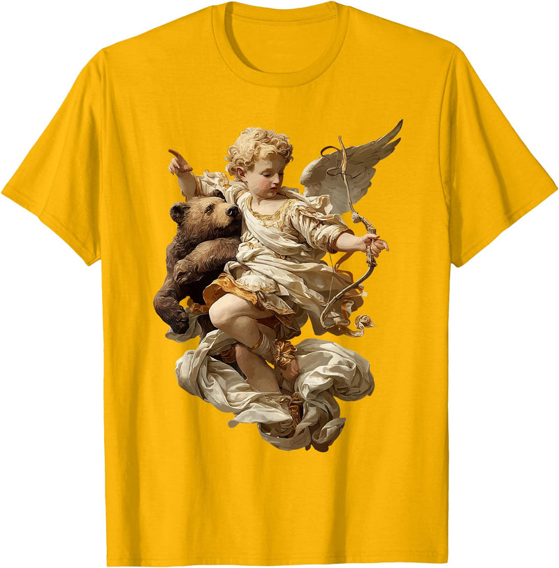 Vintage Angel Aesthetic Classical Art Cute Cherub Angel with Bear Baroque Renaissance Aesthetic T-Shirt - Golden Yellow