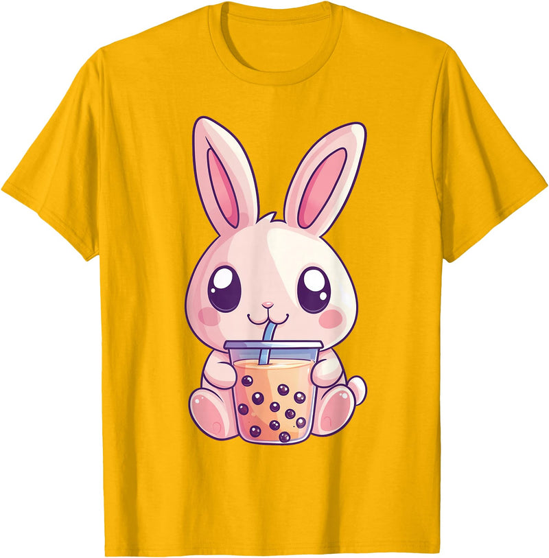 Kawaii Bunny Rabbit Boba Tea Anime Cute Easter Graphic T-Shirt in Golden Yellow