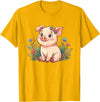 Cute Farm Piglet With Wildflowers Pastel Kawaii Baby Pig Surrounded by Colorful Flowers T-Shirt - Golden Yellow
