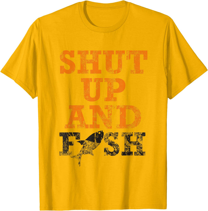 Green Cow Land Shut Up And Fish Distressed apparel T-Shirt - Golden Yellow