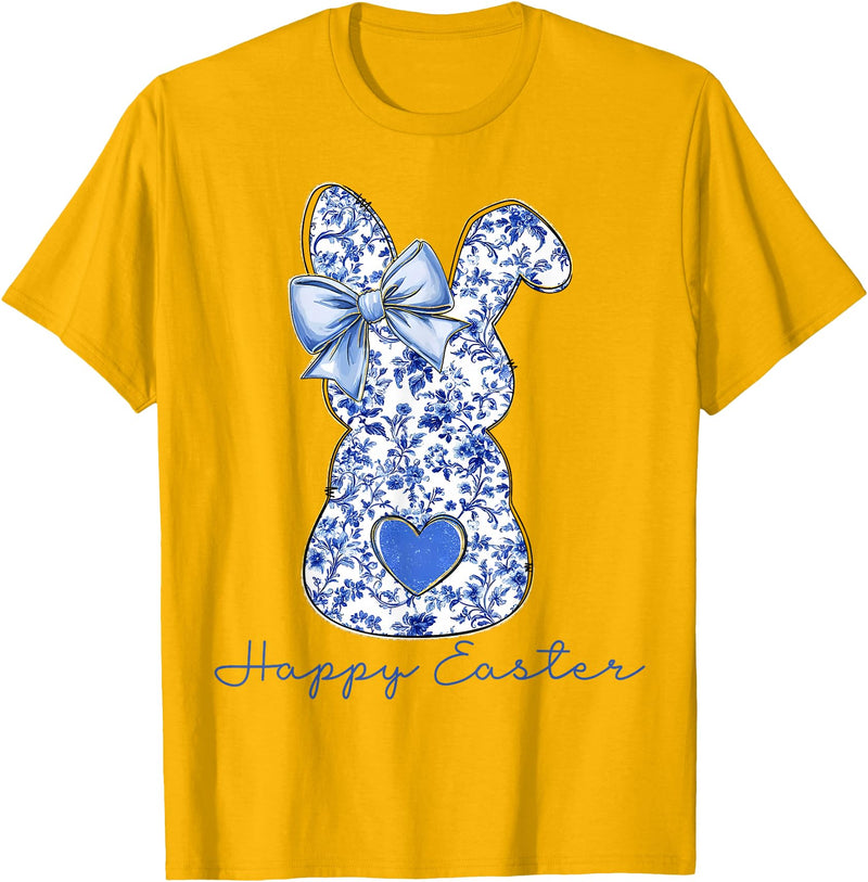 Happy Easter Chinoiserie Floral Bunny Cute Blue Bow Coquette T-Shirt in Golden Yellow