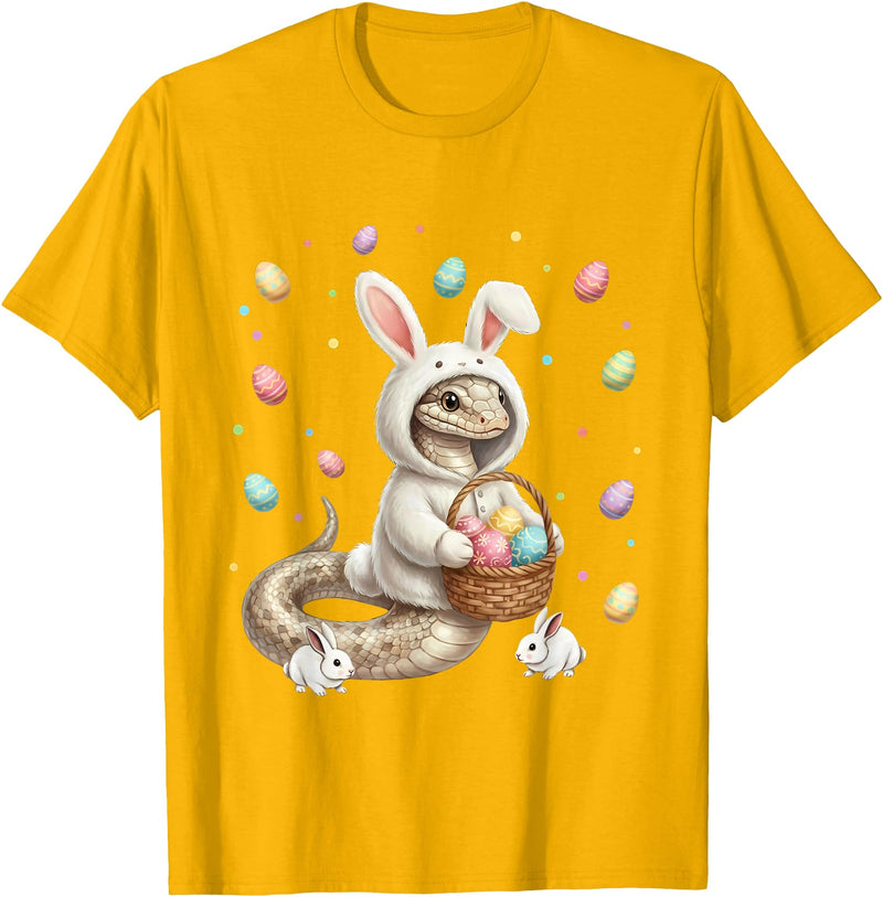 Cute Easter Bunny Rabbit with Eggs Whimsical Snake Design T-Shirt in Golden Yellow