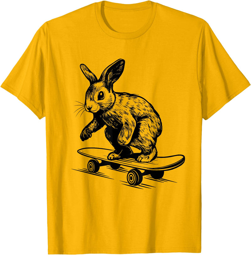 Rabbit Lover Bunny on Skateboard Easter Rabbit T-Shirt in Golden Yellow