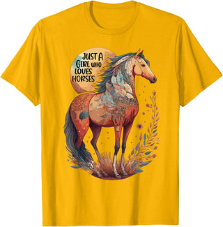 Just a girl who loves horses Co. Just a Girl who Loves Horses - Bohemian Horse Lover Themed T-Shirt - Golden Yellow