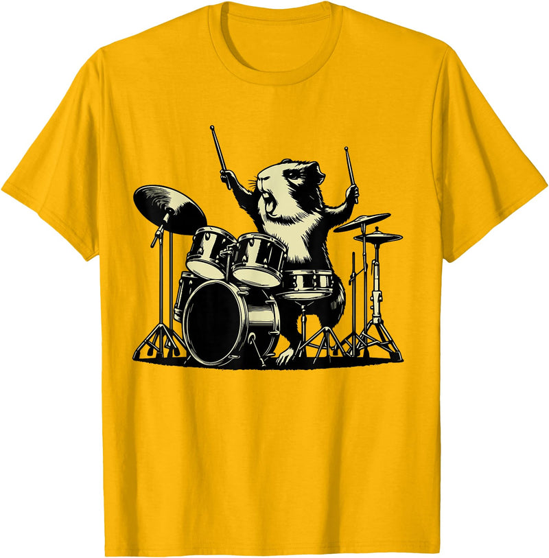 Retro Drummer Guinea Pig Lover Rock Design Guinea Pig Drummer Rock Drummer Guinea Pig Playing Drums T-Shirt - Golden Yellow
