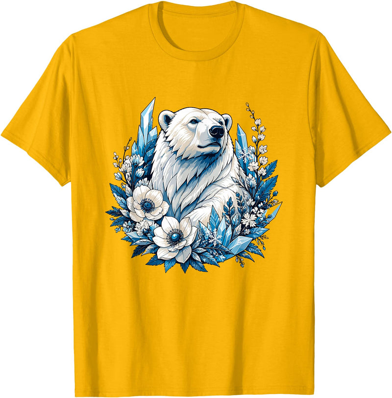 Arctic Polar Bear Floral Crystal Nature Winter Wildlife Polar Bear with Ice Flowers T-Shirt - Golden Yellow