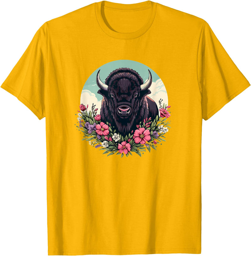 Wild Plains Buffalo Bison Gifts T Shirts & Hoodies Womens Girls Old West Retro Vintage Floral Buffalo Lover T-Shirt - Golden