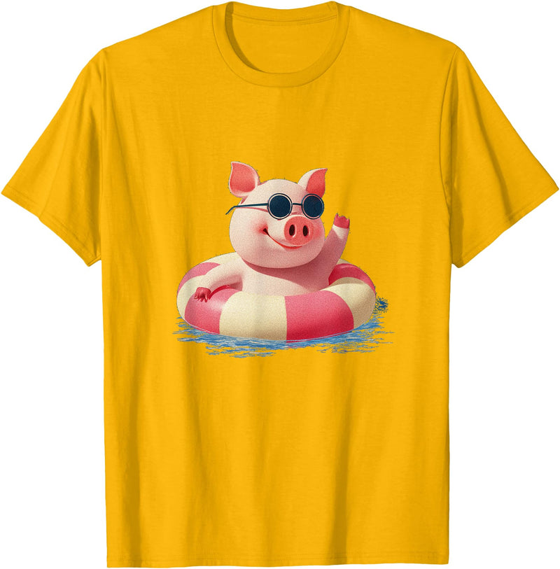 Vacation Pig Outfit Pig Sunglasses Graphic with Beach Ring T-Shirt - Golden Yellow