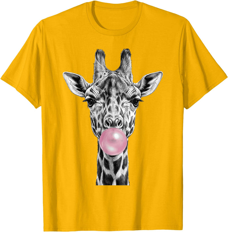 Wild Bubble Art Cool Giraffe Blowing Pink Bubblegum Sketch Art T-Shirt - Golden Yellow