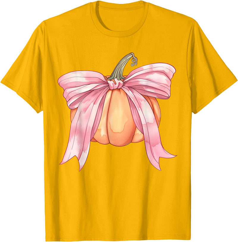 Coquette Halloween Tees NYC Coquette Autumn Pumpkin Pink Bow Girly Halloween Fall Women T-Shirt - Golden Yellow