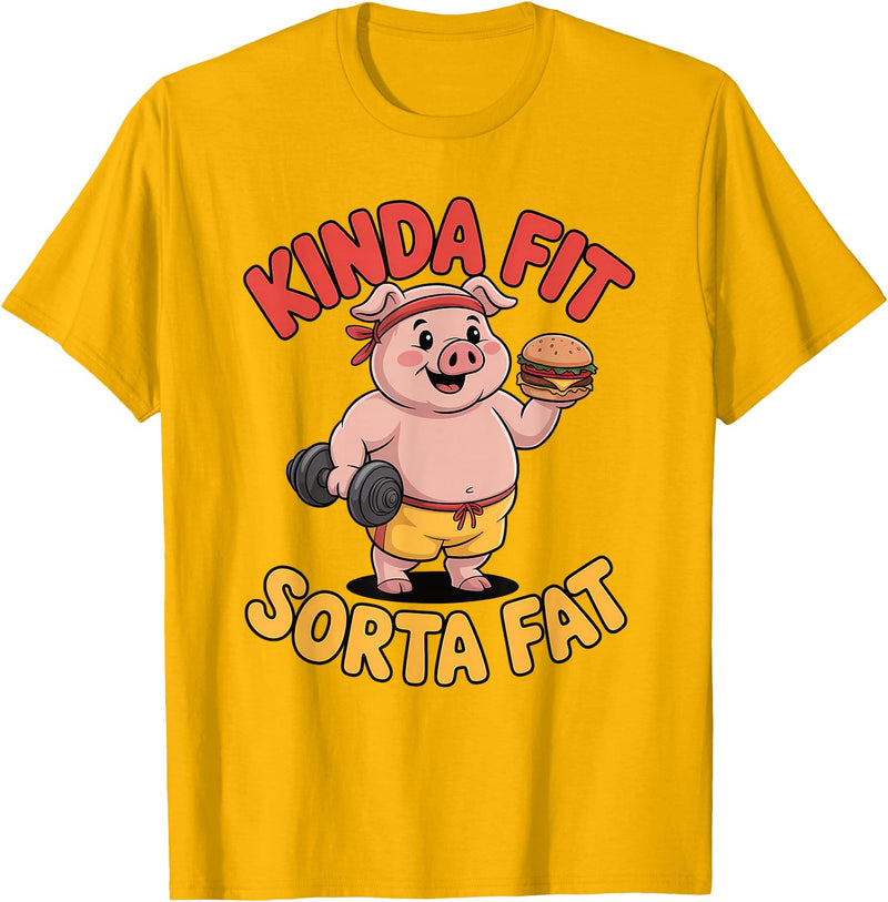 Funny Fitness Humor Food Lifestyle Merch. Kinda Fit Sorta Fat Funny Workout Burger Pig Gym T-Shirt - Golden Yellow