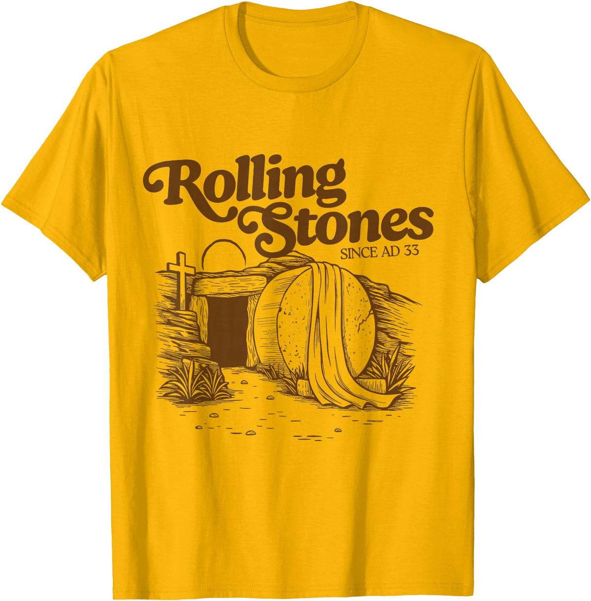 The Stone Was Rolled Away He Alive Retro Christian Easter T-Shirt in Golden Yellow