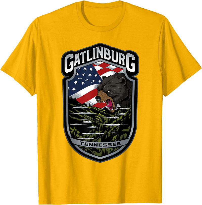 Great Smoky Mountains National Park Souvenirs Gatlinburg Tennessee Souvenirs Bears Gifts TN American Flag T-Shirt - Golden Yellow