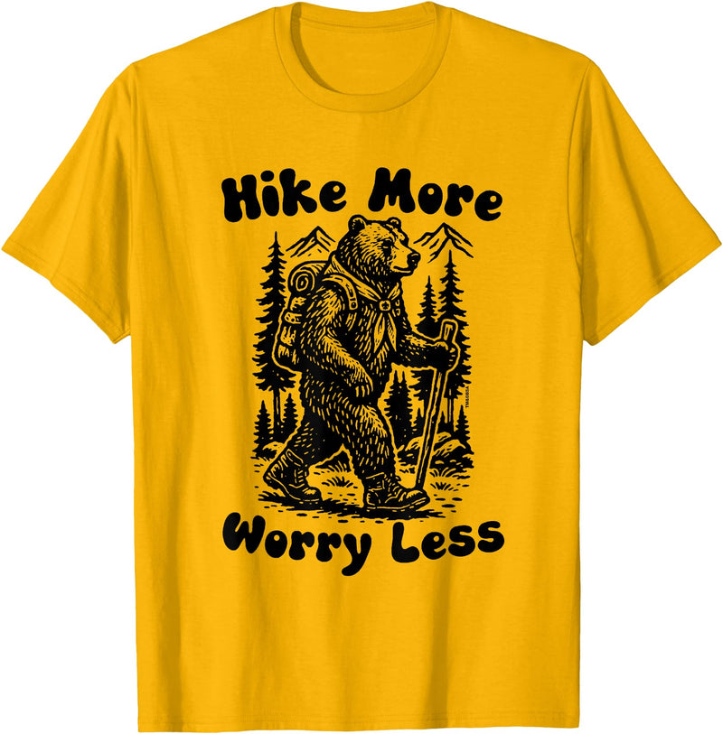 Outpost Scouting Gear by Giant Step Design Co. Hike More Worry Less Funny Cub Scouts BSA Hiking Bear T-Shirt - Golden Yellow