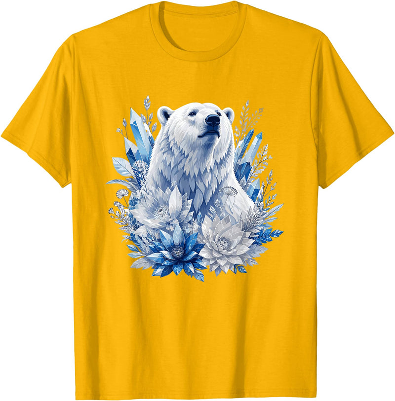Arctic Polar Bear Crystal Flowers Nature Majestic Arctic Polar Bear with Ice Flowers Fantasy T-Shirt - Golden Yellow