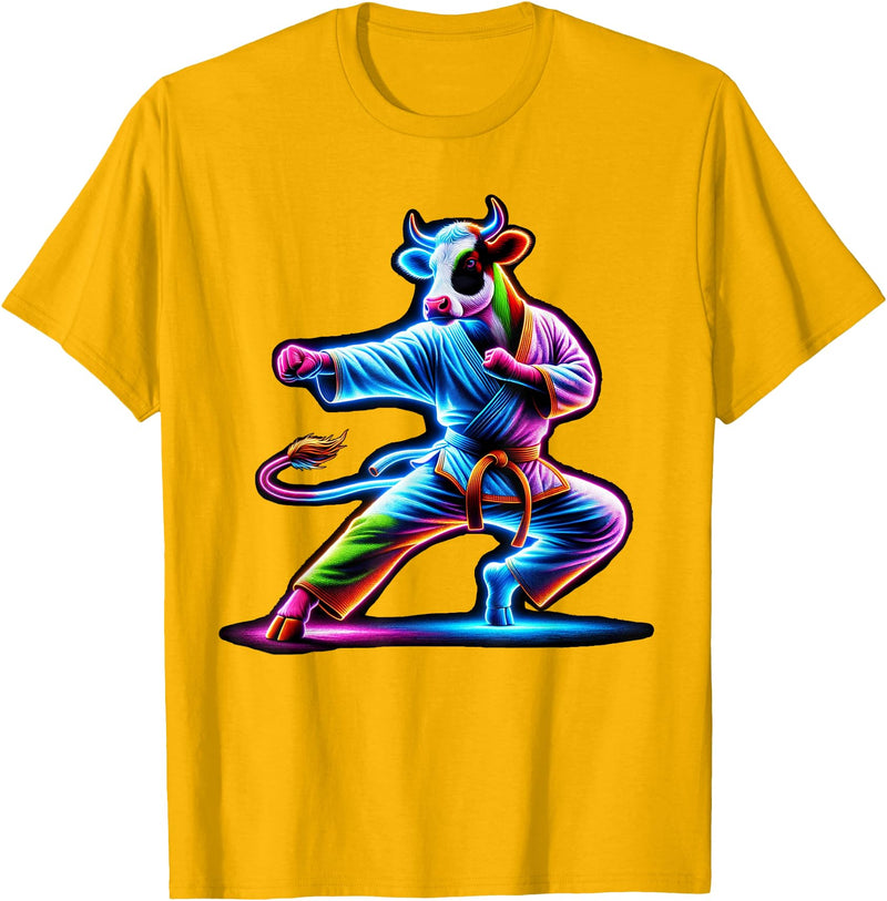 Cow Karate Black Belt Apparel Cow Karate Kick Punch Cute Funny Cool Martial Arts Cow T-Shirt - Golden Yellow