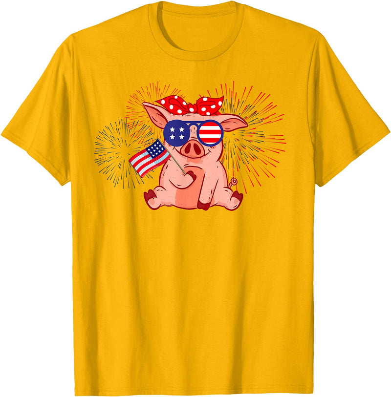 Your Country USA Dibble Dabble Designs Cute Patriotic Pig with Glasses and Flag - 4th of July T-Shirt - Golden Yellow