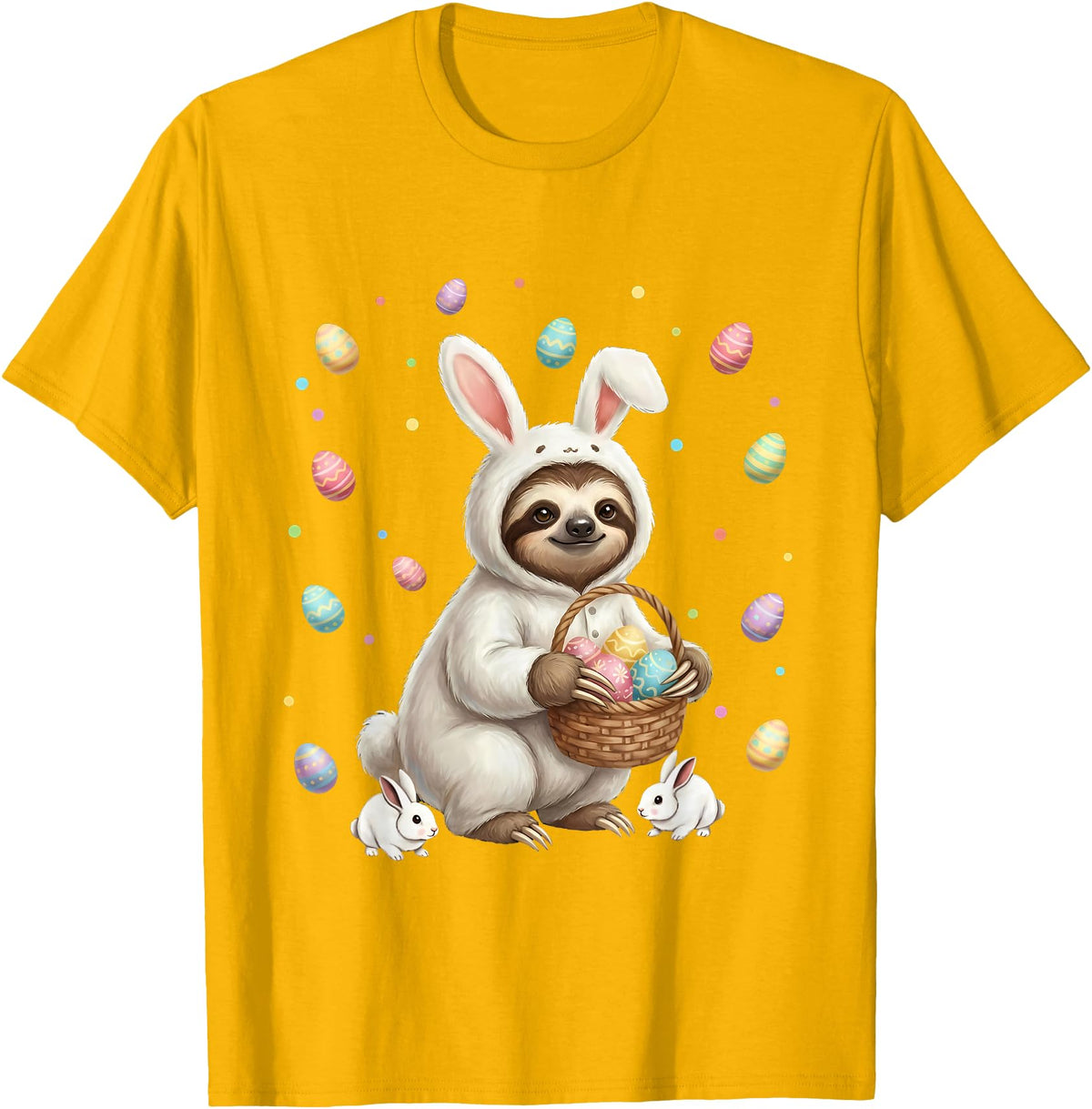 Cute Easter Bunny Rabbit with Eggs Whimsical Sloth Design T-Shirt in Golden Yellow