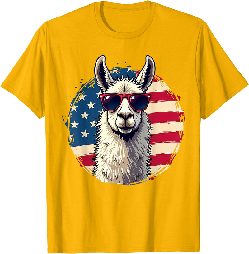 Funny Llama Alpaca Animal Lover Gifts Clothing Llama Alpaca American Flag USA Patriotic T-Shirt - Golden Yellow