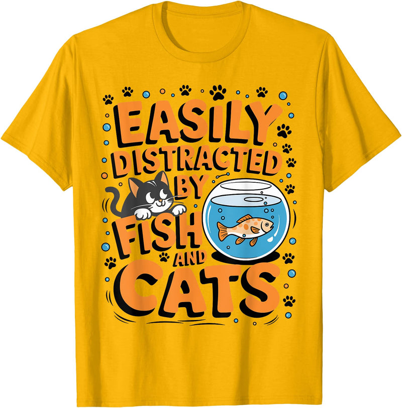 Easily distracted by Apparel Easily Distracted by Fish and Cats T-Shirt - Golden Yellow