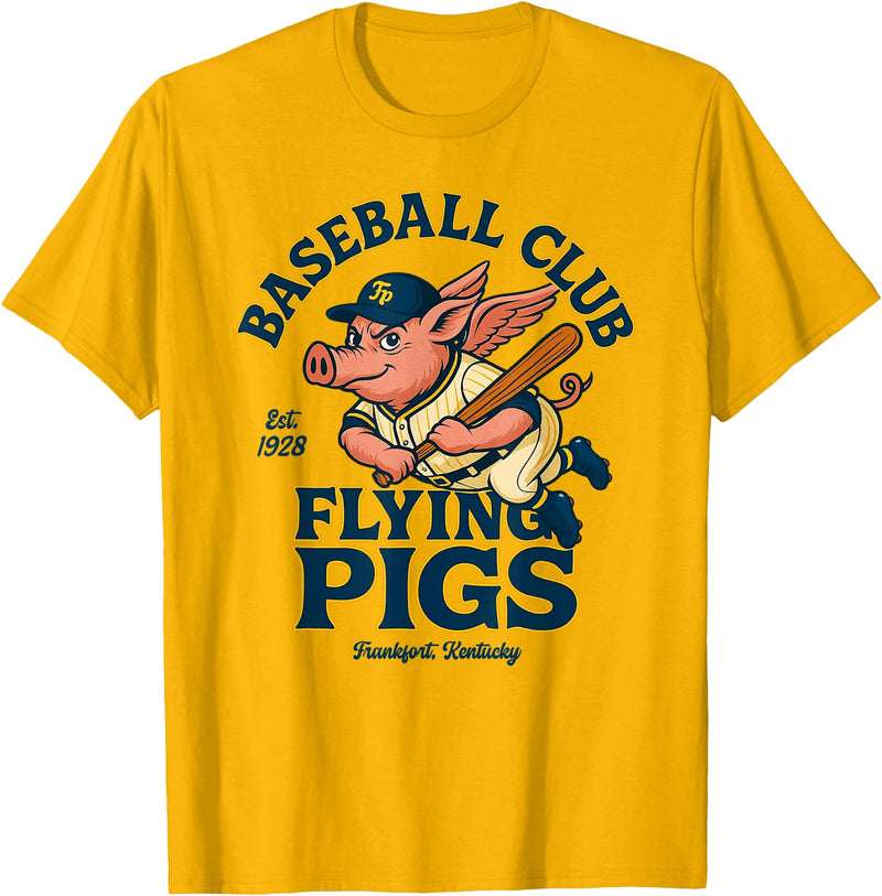 Outfield Outlaws Flying Pigs Retro Minor League Baseball Mascot T-Shirt - Golden Yellow