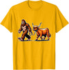 Bigfoot And Scottish Highland Cow Walking Humor Bigfoot Takes Scottish Highland Cow for a Walk T-Shirt - Golden Yellow