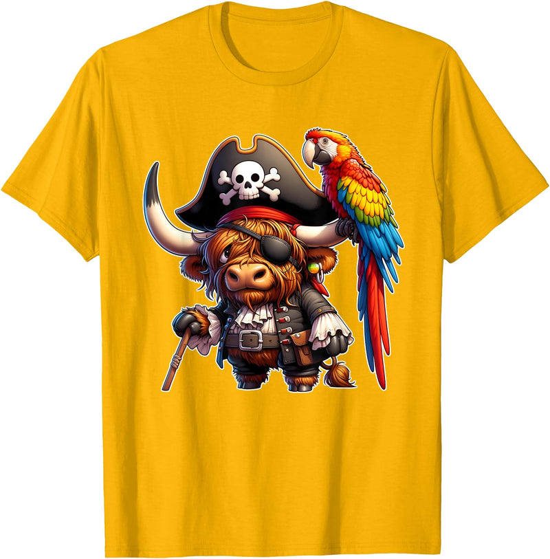 Funny Pirate Highland Cow Apparel Pirate Highland Cow with Colorful Parrot T-Shirt - Golden Yellow