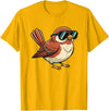 Chipper Feather Co Bird: Sparrow in Sunglasses, Cool Cartoon Avian Attitude T-Shirt - Golden Yellow
