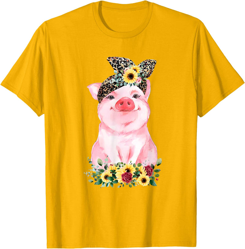 Pig Leopard Headband Flower Tees Pig With Leopard Headband Flower Cute Pig Lover T-Shirt - Golden Yellow
