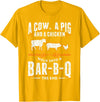 Smoking Barbecue BBQ Chef Gifts A Cow A Pig And A Chicken Walk Into A Bar B Q The End BBQ T-Shirt - Golden Yellow