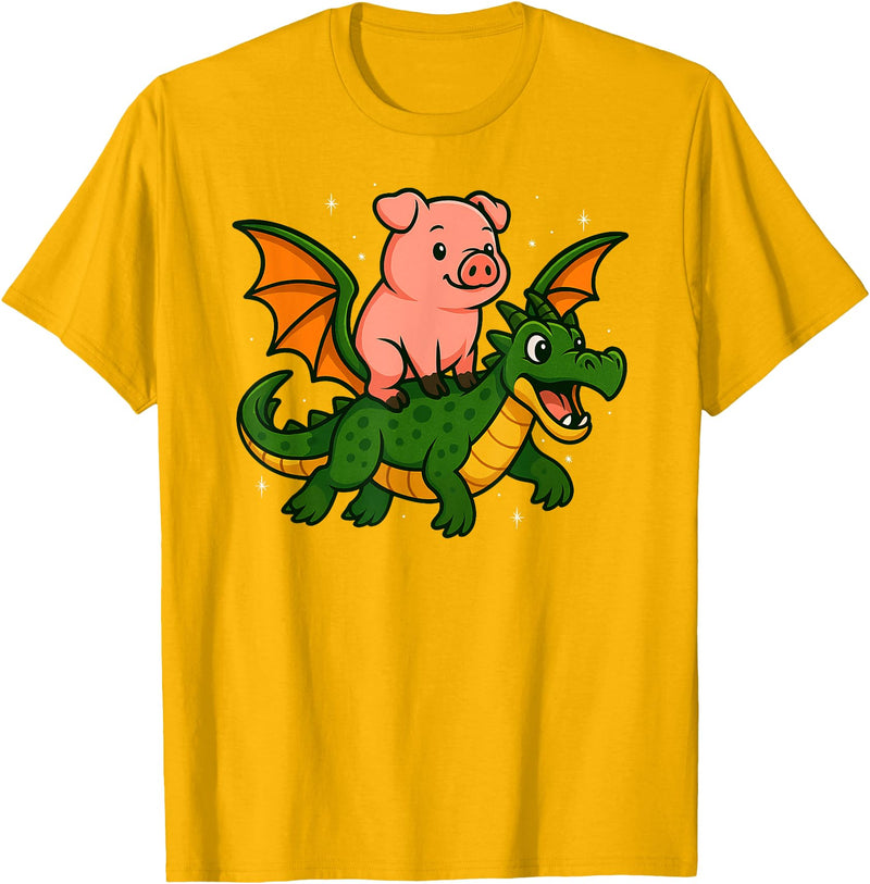 PigAxis1 Pig Animal Lover Dragon Riding Zoo Day Boys Girls Kids T-Shirt - Golden Yellow