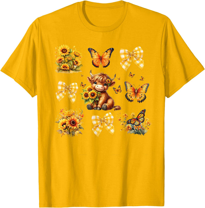Coquette Bow Scottish Highland Cow Sunflower Shirt Baby Highland Cow With Sunflower Butterflies Farm Western T-Shirt -