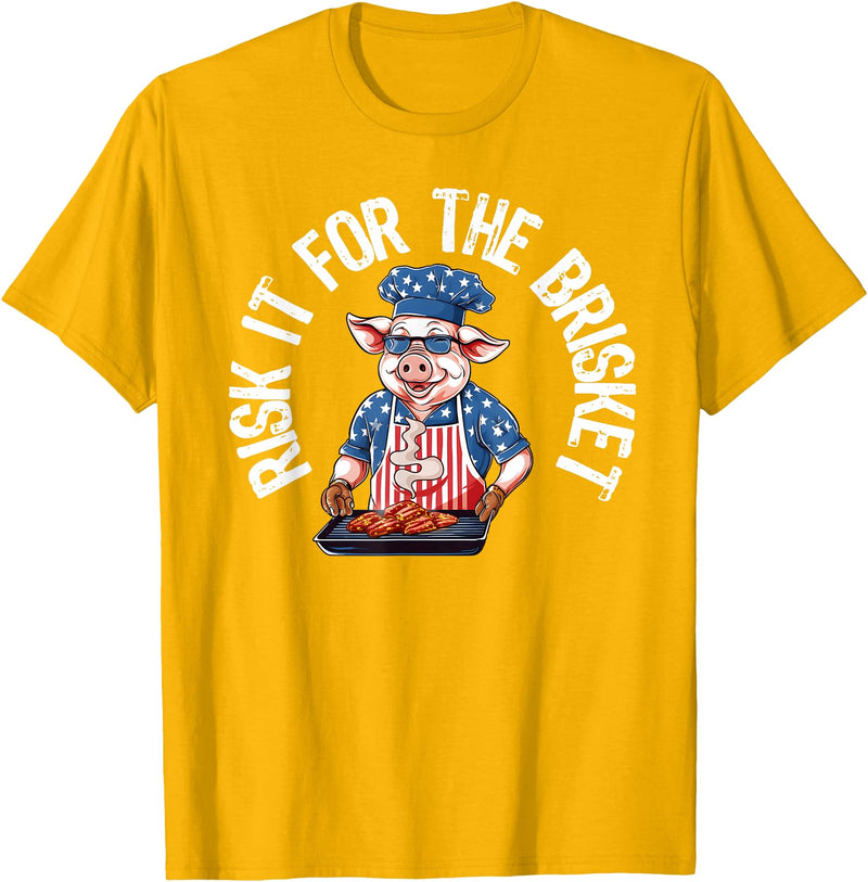 Funny Grill Pig Barbeque Pitmaster Designs for Men Risk It For The Brisket Funny Pig Grilling Barbecue Pork BBQ T-Shirt - Golden Yellow