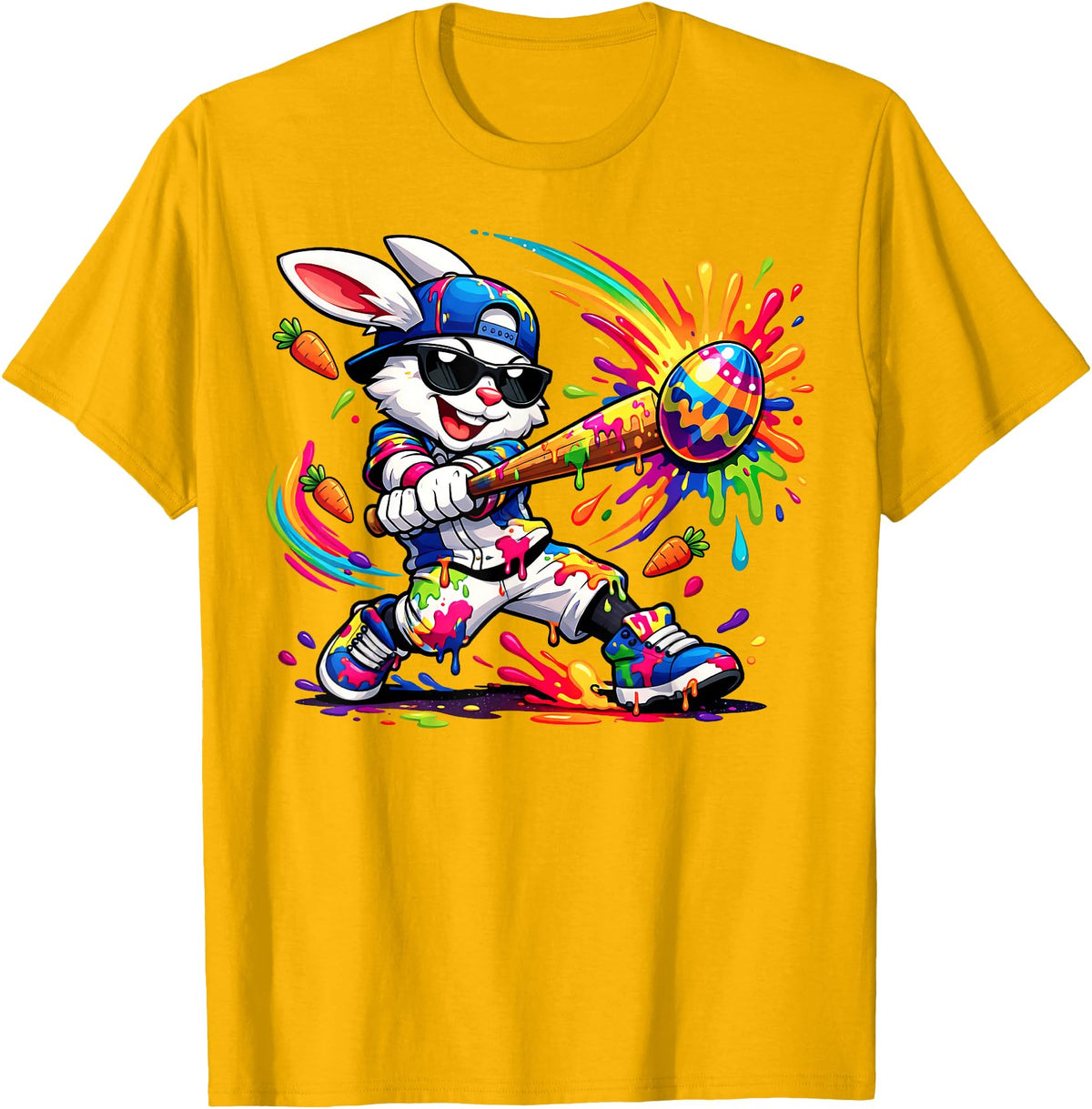 Funny Dripping Drip Rabbit Bunny Baseball Easter Men Boy Kid T-Shirt in Golden Yellow