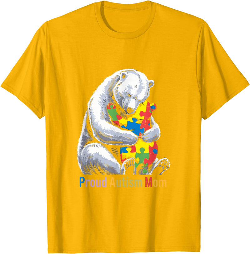 Autism Mama Mom Bear Support Autism Proud Autism Mom Bear Autism Awareness Month T-Shirt - Golden Yellow