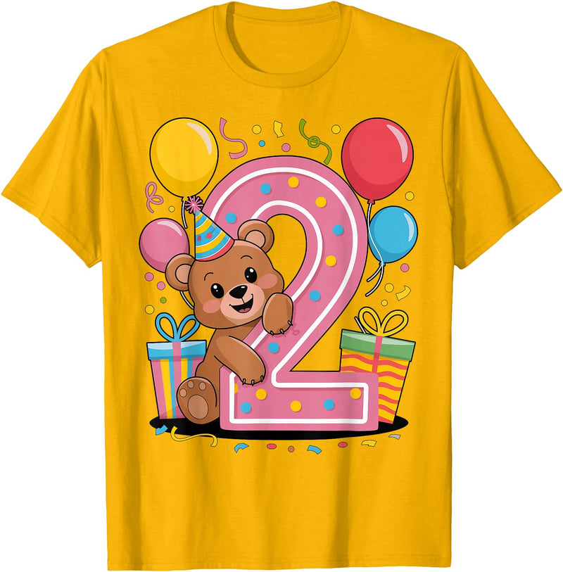 2nd Girls, Boys Bear 2 Birthday Bear 2nd birthday for boy girl 2 years old second two Bear T-Shirt - Golden Yellow
