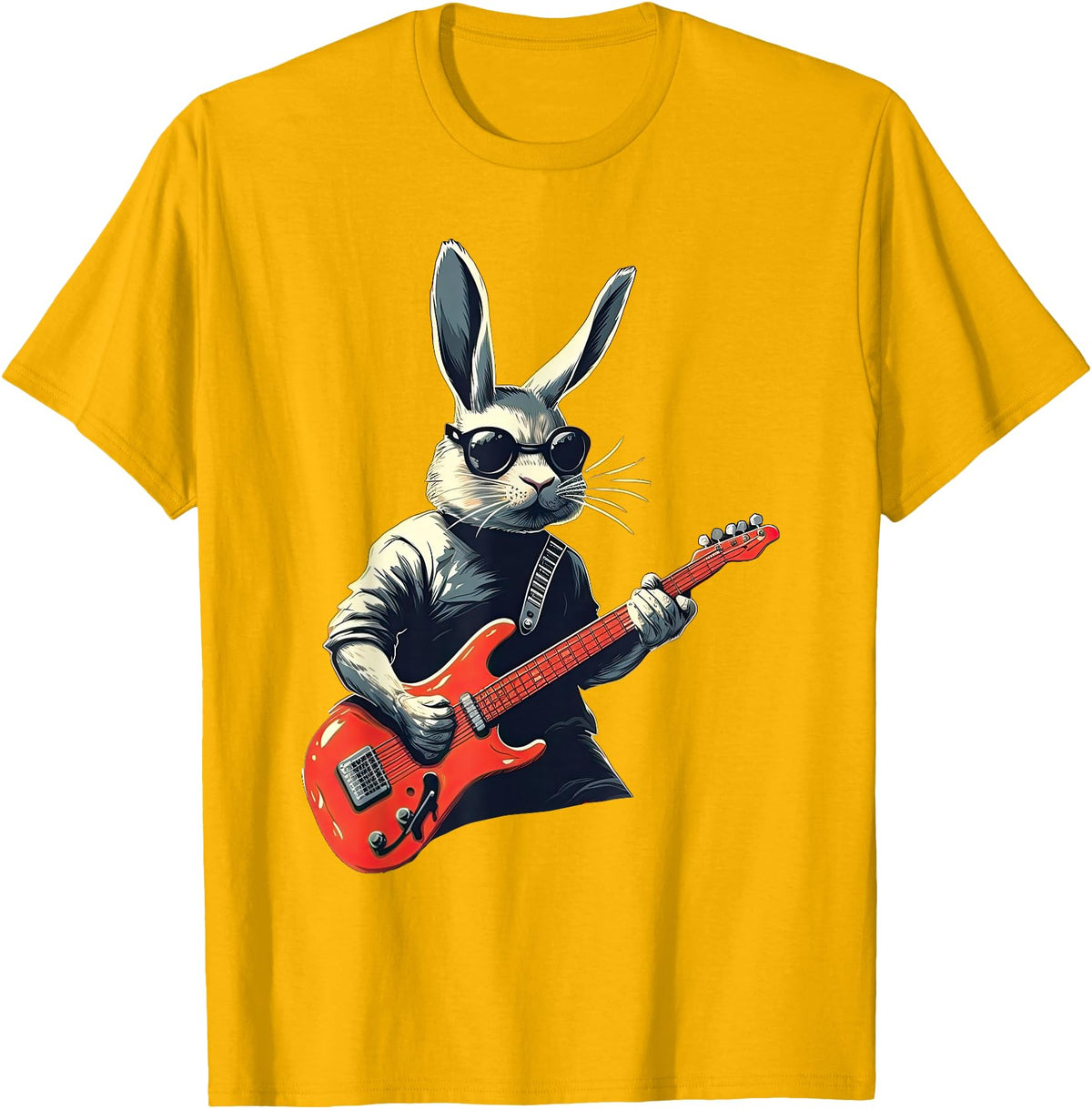 Rabbit Bunny Wearing Sunglasses Playing Guitar Musician T-Shirt in Golden Yellow