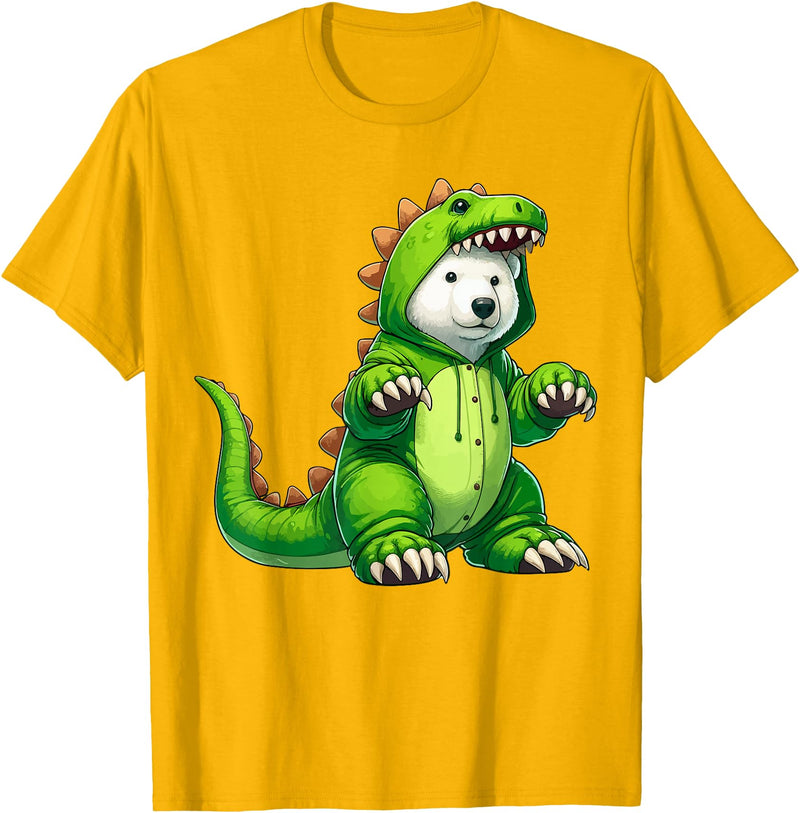 Scary Polar Bear Dinosaur Halloween Lazy Costume Polar Bear Wearing Dinosaur Costume Halloween Cosplay T-Rex T-Shirt - Golden Yellow