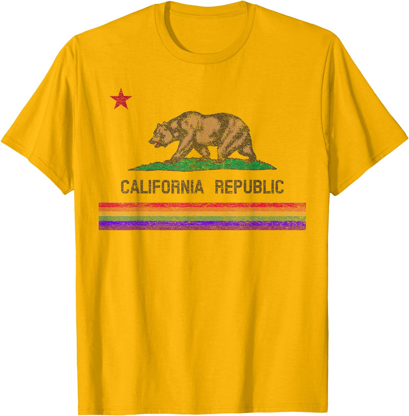 CALIFORNIA STATE FLAG LGBTQ GAY PRIDE RAINBOW TEES CALIFORNIA STATE FLAG BEAR LGBTQ GAY PRIDE RAINBOW PARADE T-Shirt - Golden Yellow