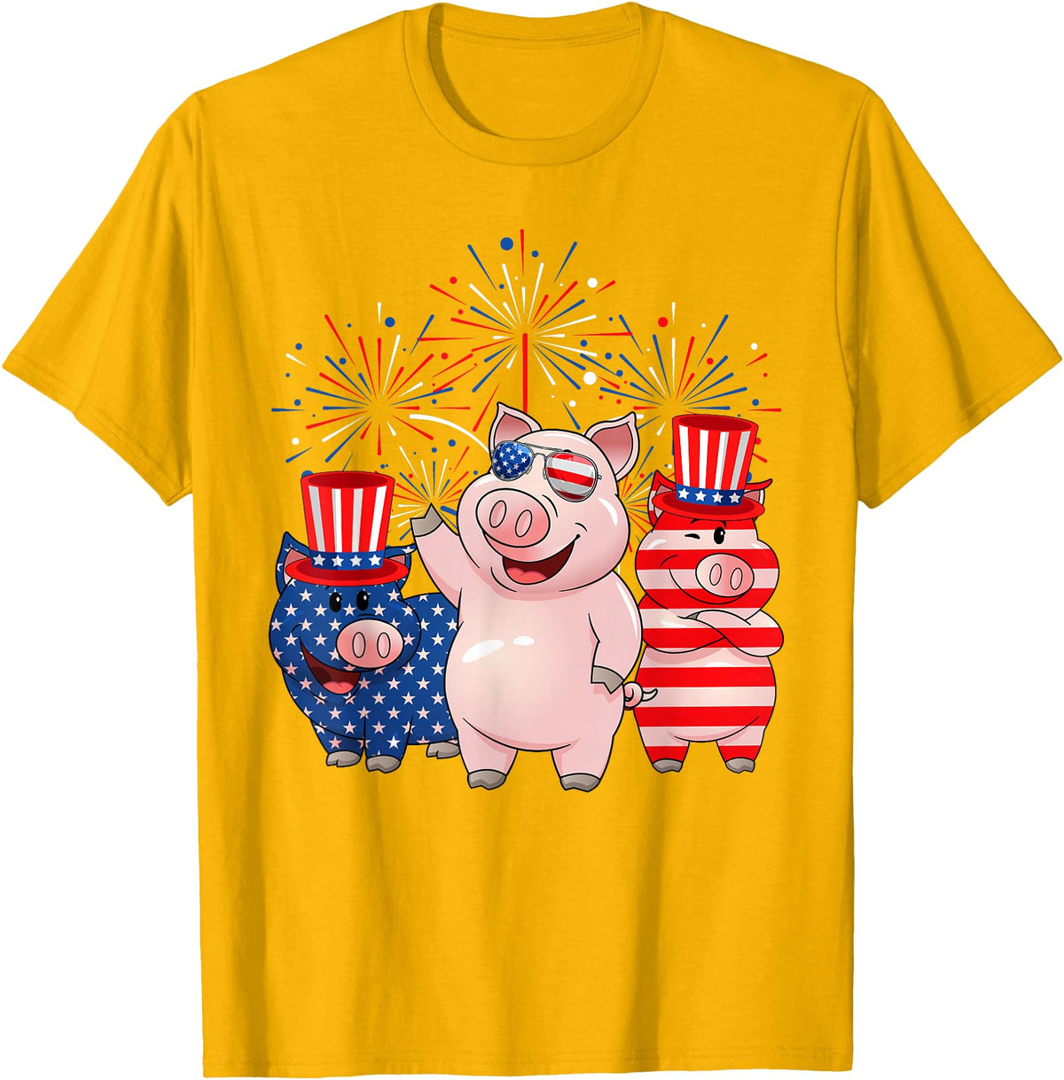 Ohia Three Patriotic Pigs USA Independence Day Tee Funny Red White Blue Pig American Flag Farmer 4th Of July T-Shirt - Golden Yellow