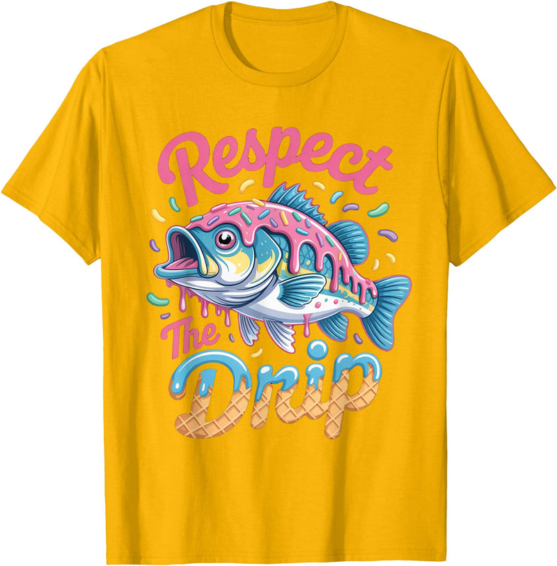 Fishermen Gifts Little Girls Boys Respect The Drip Fishing Boys Girls Fish Youth Bass Kids T-Shirt - Golden Yellow