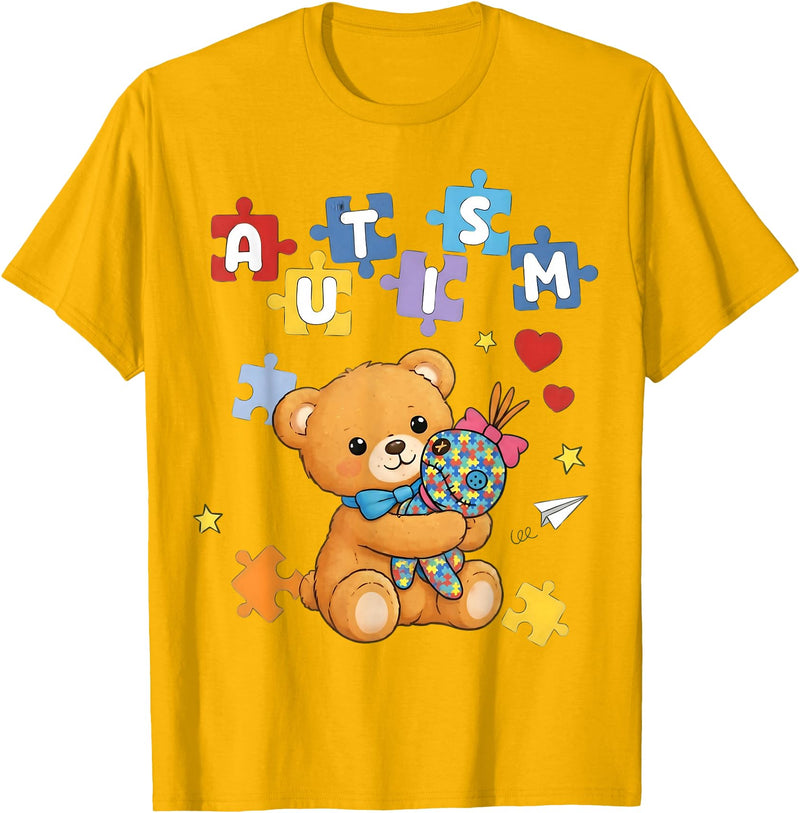 Cute Autism Awareness Puzzle Cute Autism Awareness Bear Colorful Puzzle T-Shirt - Golden Yellow