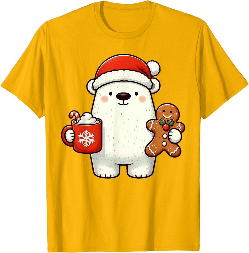 Cute Polar Bear Beanie Christmas Kawaii Japanese Polar Bear Santa Hat Christmas Holiday Xmas Coffee Cookies T-Shirt - Golden Yellow