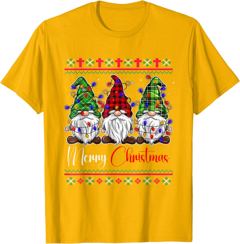 Xmas Lights Gnomes Holiday Graphics Merry Christmas Leopard Buffalo Red Plaid for Men Women T-Shirt - Golden Yellow